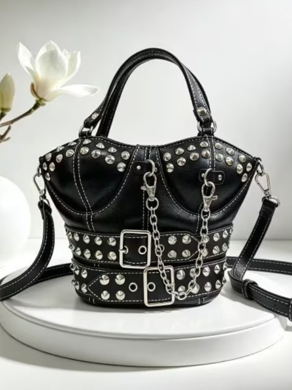 Black Studded Shoulder Bag with Chain Accent - Picture 1 of 2